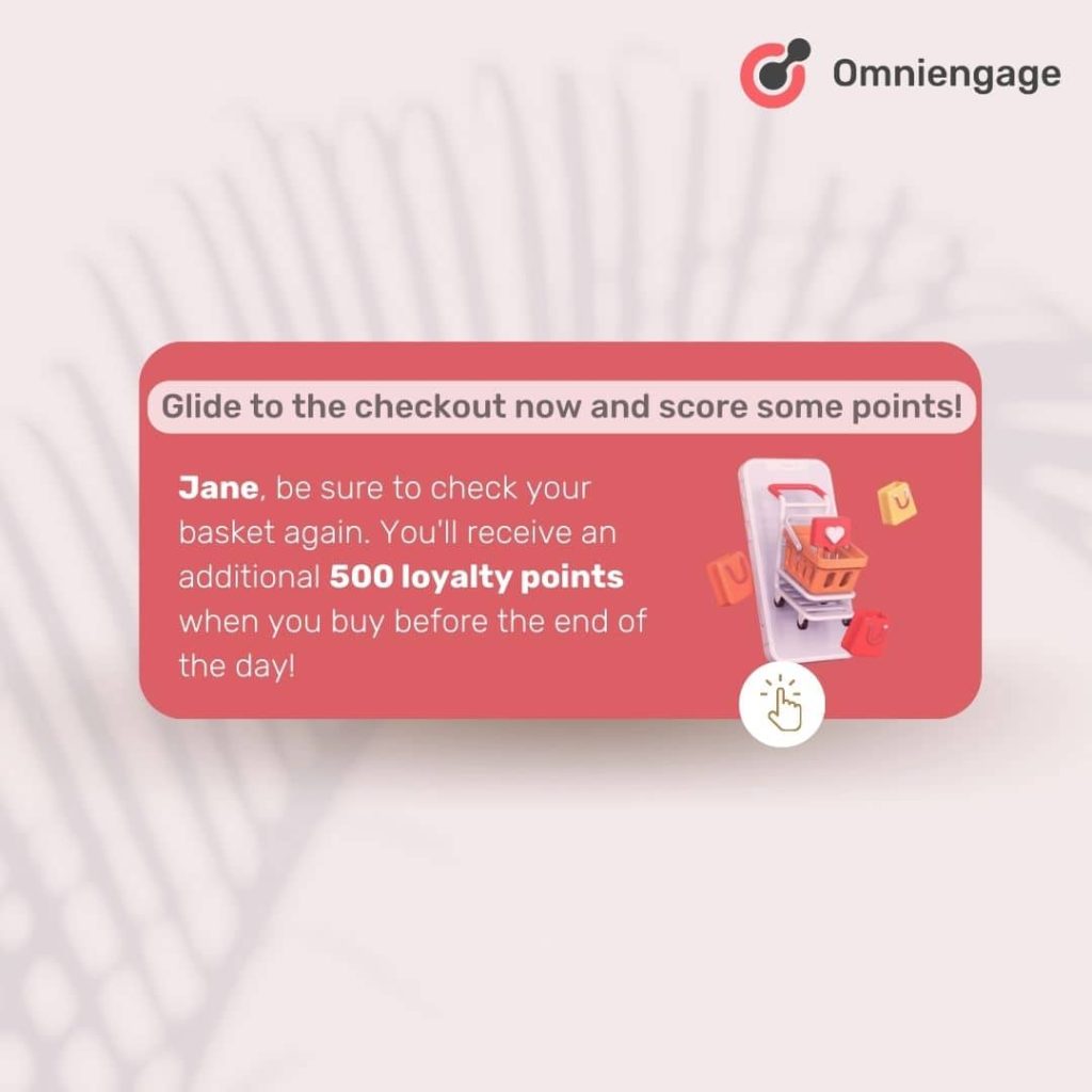 Abandon cart web push notification offering loyalty points to complete purchase.