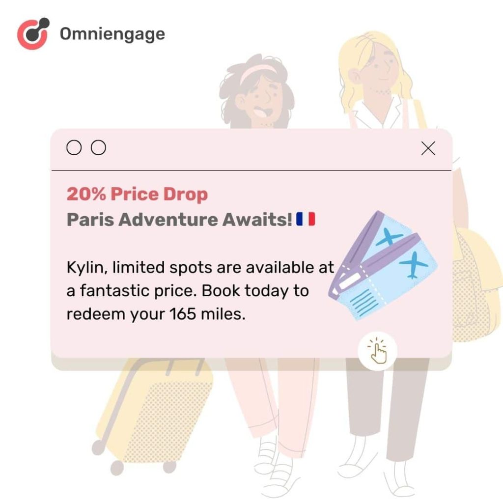 Price drop alert with personalization of miles in web push notifications.